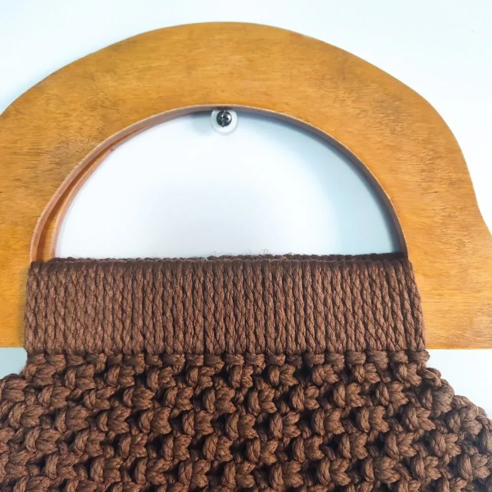 Vintage Crochet Knit Bag Wooden Handles‎ Chic Brown Cottagecore Boho Handmade